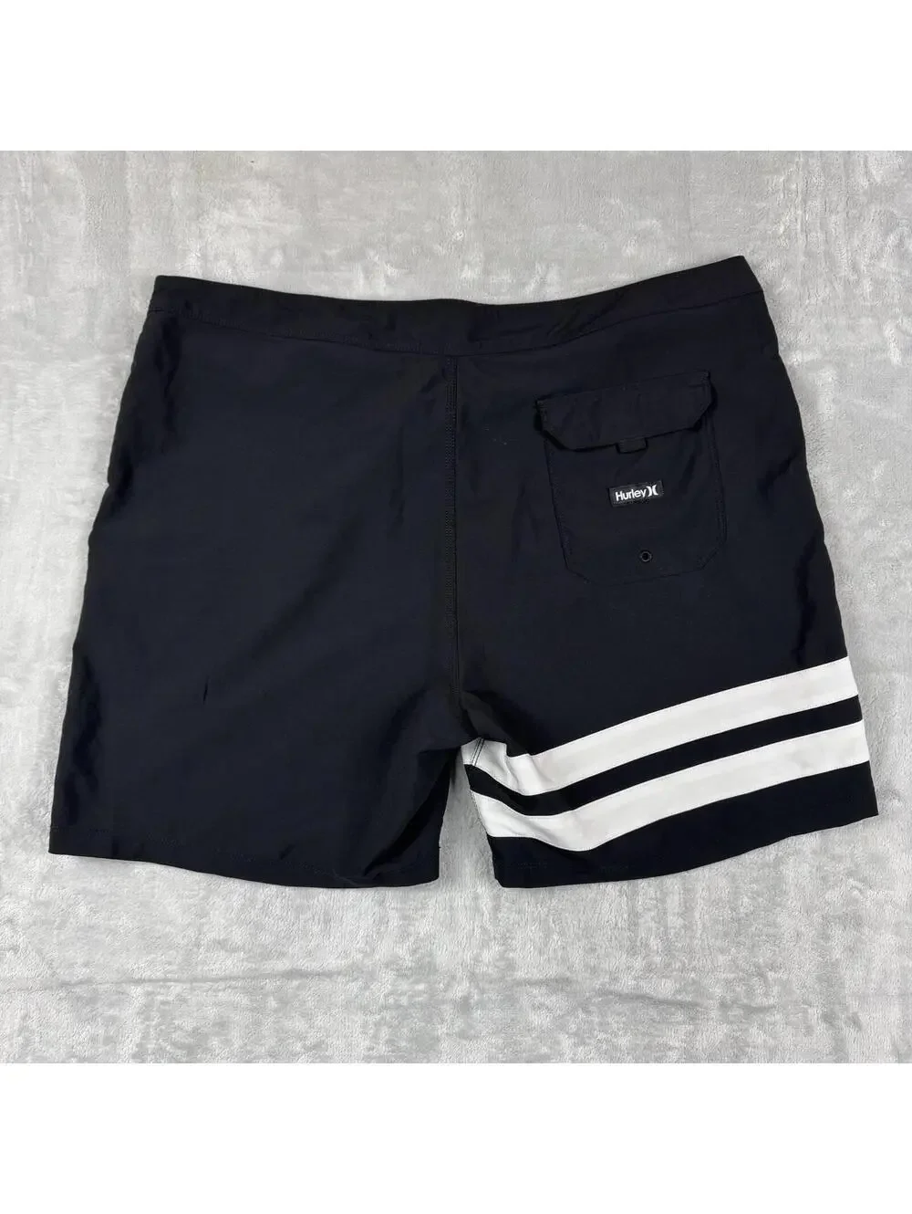 Hurley Phantom Black Board Shorts White Stripe Surf Swim Size 38 Unlined Coastal